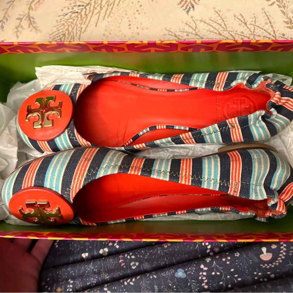 Tory Burch Striped Flats in Blue, Orange, and White